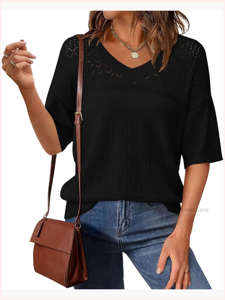 Short Sleeve V-Neck Ribbed Knit Eyelet Blouse T-Shirt